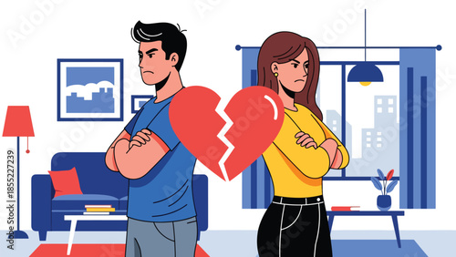 Modern flat vector illustration of man and woman standing back to back in apartment, relationship conflict and emotional separation, ideal for breakup themes