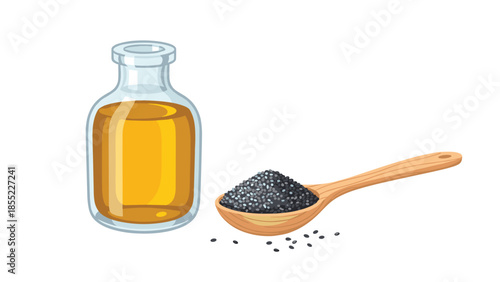 Glass bottle filled with golden oil positioned alongside a wooden spoon overflowing with tiny black sesame seeds, suggesting culinary and health uses.