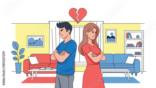 Modern flat vector illustration of man and woman standing back to back in apartment, relationship conflict and emotional separation, ideal for breakup themes