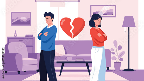 Modern flat vector illustration of man and woman standing back to back in apartment, relationship conflict and emotional separation, ideal for breakup themes