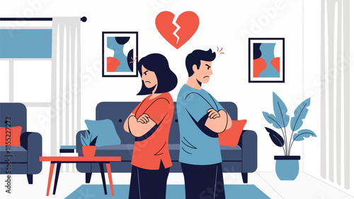 Modern flat vector illustration of man and woman standing back to back in apartment, relationship conflict and emotional separation, ideal for breakup themes