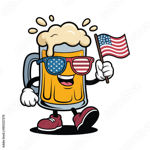 Cartoon beer mug character wearing American flag sunglasses and holding a U S flag vector illustration isolated on white background.