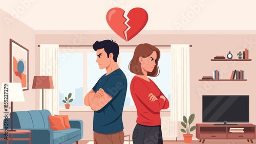 Modern flat vector illustration of man and woman standing back to back in apartment, relationship conflict and emotional separation, ideal for breakup themes