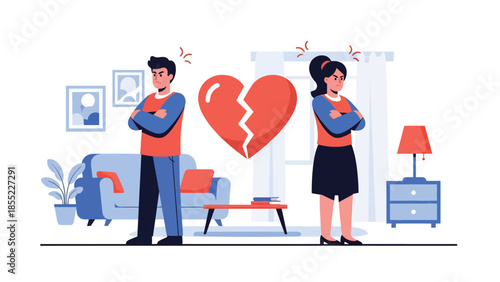 Modern flat vector illustration of man and woman standing back to back in apartment, relationship conflict and emotional separation, ideal for breakup themes