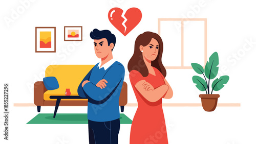 Modern flat vector illustration of man and woman standing back to back in apartment, relationship conflict and emotional separation, ideal for breakup themes