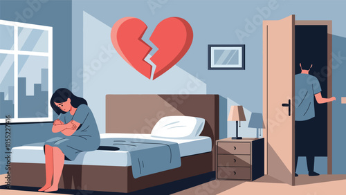 Modern flat vector illustration of woman sitting alone on bed while man leaves room, breakup moment in bedroom, ideal for emotional relationship concepts