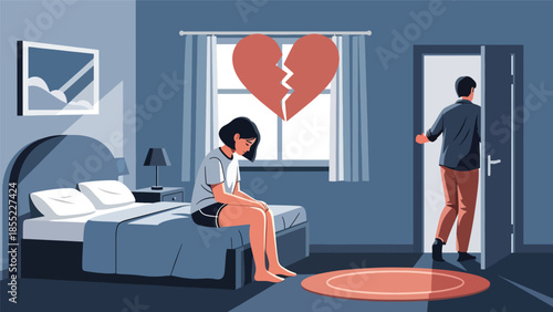 Modern flat vector illustration of woman sitting alone on bed while man leaves room, breakup moment in bedroom, ideal for emotional relationship concepts