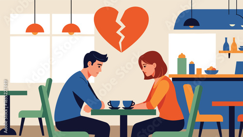 Modern flat vector illustration of man and woman having serious breakup conversation in café, relationship ending scene, ideal for emotional storytelling visuals