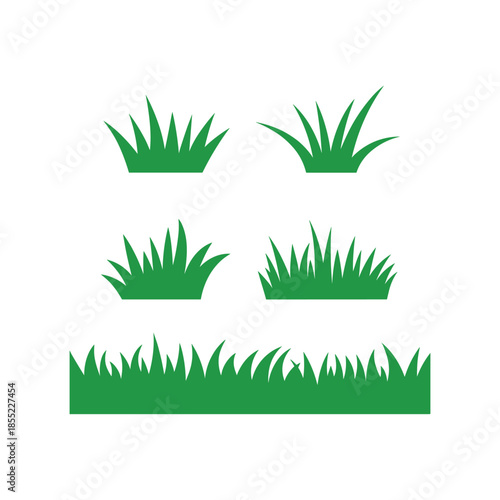 Collection of green grass tufts and border vector illustration on white background.