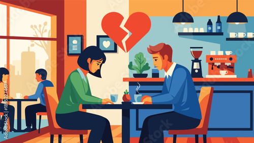 Modern flat vector illustration of man and woman having serious breakup conversation in café, relationship ending scene, ideal for emotional storytelling visuals