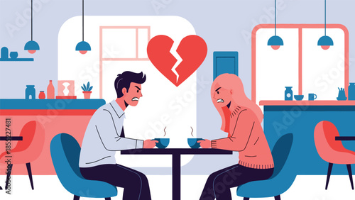 Modern flat vector illustration of man and woman having serious breakup conversation in café, relationship ending scene, ideal for emotional storytelling visuals