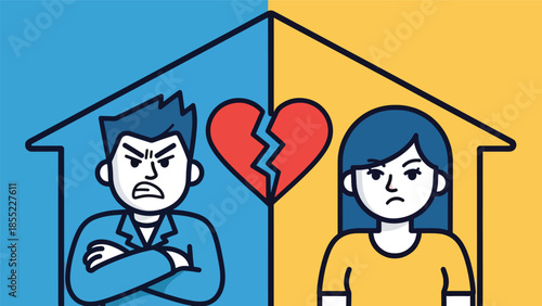 Modern flat vector illustration of man and woman separated by dividing line, symbolic breakup concept, minimal background, ideal for relationship visuals