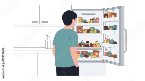Man standing with his back to the viewer, looking into an open, fully stocked refrigerator filled with an assortment of groceries and food items.