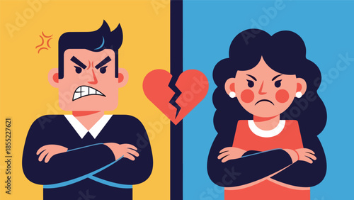 Modern flat vector illustration of man and woman separated by dividing line, symbolic breakup concept, minimal background, ideal for relationship visuals