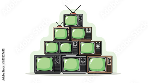 A collection of vintage televisions with glowing green screens artfully arranged in a pyramid formation, symbolizing old media and nostalgia.
