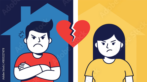 Modern flat vector illustration of man and woman separated by dividing line, symbolic breakup concept, minimal background, ideal for relationship visuals