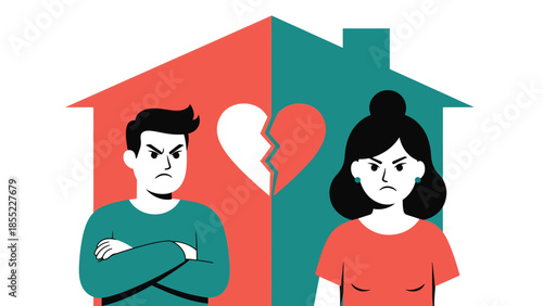 Modern flat vector illustration of man and woman separated by dividing line, symbolic breakup concept, minimal background, ideal for relationship visuals