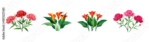 Beautiful floral arrangement vector illustration featuring colorful flowers and green leaves design elements