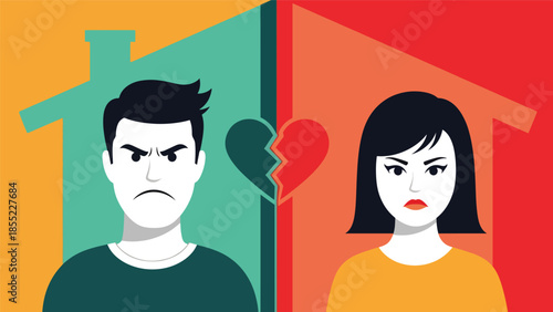 Modern flat vector illustration of man and woman separated by dividing line, symbolic breakup concept, minimal background, ideal for relationship visuals