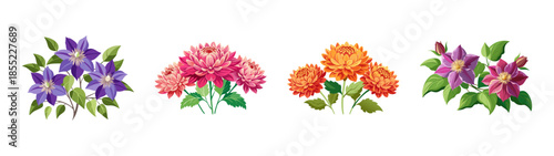 Beautiful floral arrangement featuring dahlias and clematis flowers in vibrant colors design vector