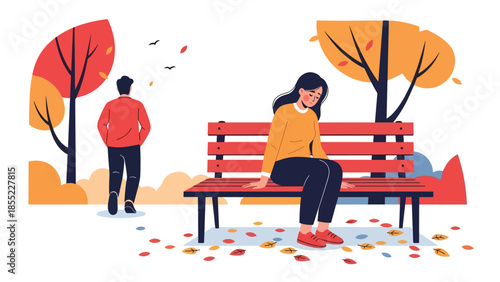 Modern flat vector illustration of woman sitting alone on park bench after breakup, emotional separation scene, ideal for sadness and loneliness concepts