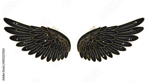 Majestic pair of black angel wings adorned with intricate golden patterns and twinkling stars, creating a celestial and enchanting visual.