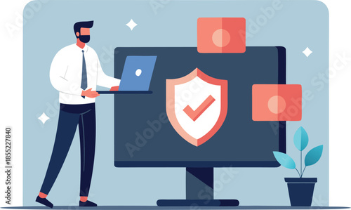 Man Blocking Ransomware Attack Symbols on Computer Screen, Cyber Security Defense Concept