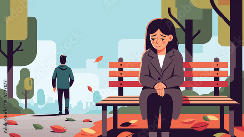 Modern flat vector illustration of woman sitting alone on park bench after breakup, emotional separation scene, ideal for sadness and loneliness concepts