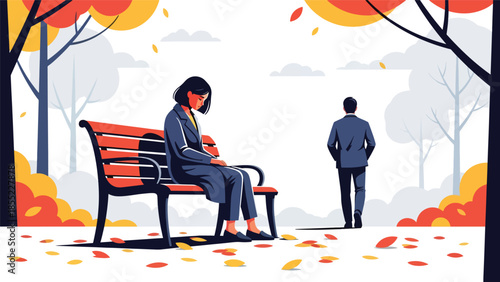 Modern flat vector illustration of woman sitting alone on park bench after breakup, emotional separation scene, ideal for sadness and loneliness concepts