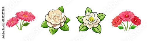 Floral arrangement featuring gerbera daisies and white roses with green leaves vector art