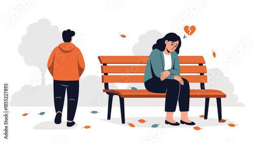 Modern flat vector illustration of woman sitting alone on park bench after breakup, emotional separation scene, ideal for sadness and loneliness concepts
