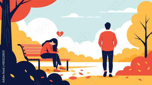 Modern flat vector illustration of woman sitting alone on park bench after breakup, emotional separation scene, ideal for sadness and loneliness concepts