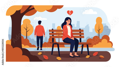 Modern flat vector illustration of woman sitting alone on park bench after breakup, emotional separation scene, ideal for sadness and loneliness concepts