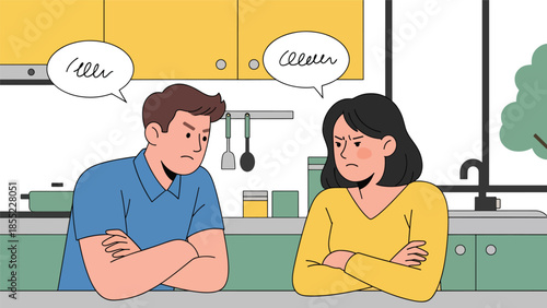Modern flat vector illustration of man and woman arguing quietly in kitchen, relationship conflict scene, ideal for couple problem concepts