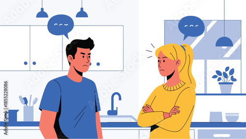 Modern flat vector illustration of man and woman arguing quietly in kitchen, relationship conflict scene, ideal for couple problem concepts