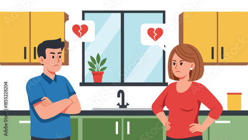 Modern flat vector illustration of man and woman arguing quietly in kitchen, relationship conflict scene, ideal for couple problem concepts