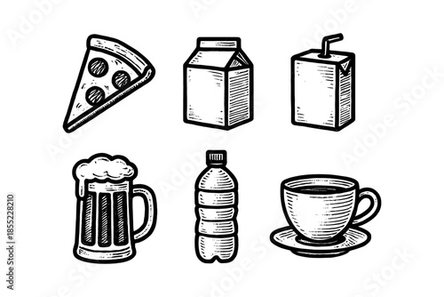 Hand drawn beverage and snack icons set: pizza, drink containers, and cup