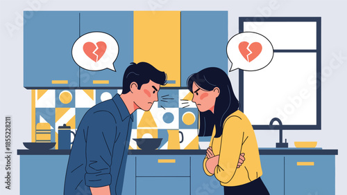 Modern flat vector illustration of man and woman arguing quietly in kitchen, relationship conflict scene, ideal for couple problem concepts