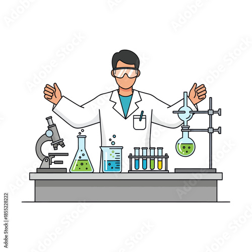 illustration of a scientist conducting chemical experiments in a modern laboratory setting