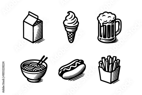 Hand drawn food icons: milk, ice cream, beer, noodles, hot dog, fries