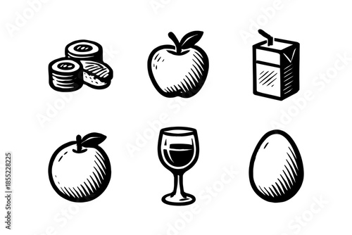 Hand-drawn food icons: sushi, apple, juice box, orange, wine, egg