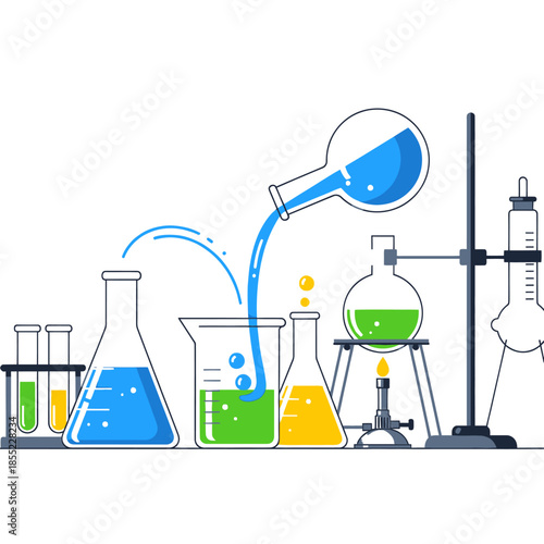 Creative laboratory experiment setup illustrating chemical reactions and safety equipment