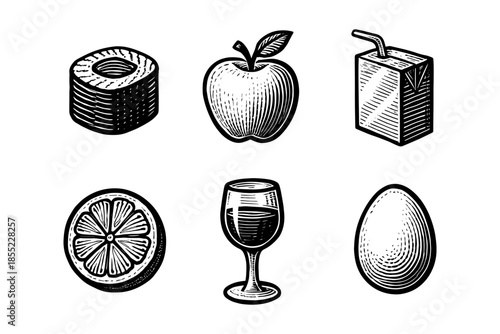 Hand drawn food and drink icons featuring apple, juice, and more
