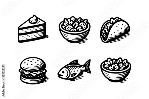 Retro style food icons: cake, salad, taco, burger, fish, bowl