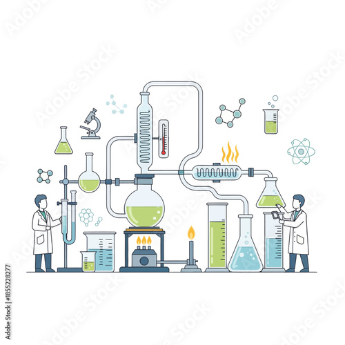 Innovative Laboratory Setup Depicting Scientific Experiments and Chemical Processes