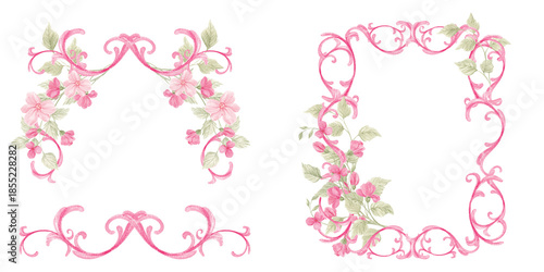 Watercolor pink baroque frames. Valentine's Day, pink flowers, heart. Pink floral frame in rococo style. Ornament, monogram. Set for decor, wedding, holidays, invitations. Victorian royal style.