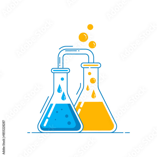Simplified digital illustration of a laboratory chemistry setup with connected flasks and bubbling