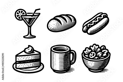 Retro food and drink icons featuring cocktail, bread, and snacks in engraved style