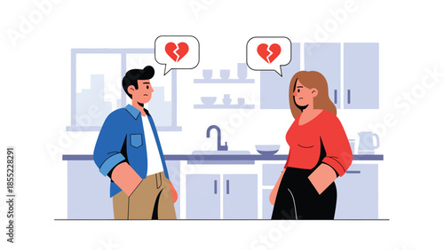 Modern flat vector illustration of man and woman arguing quietly in kitchen, relationship conflict scene, ideal for couple problem concepts