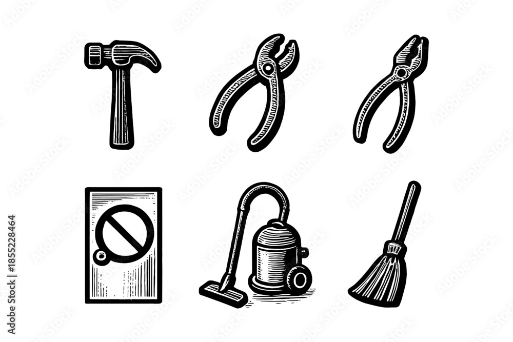 Obraz premium Monochrome tool and cleaning icon set featuring hammer, pliers, vacuum, and broom